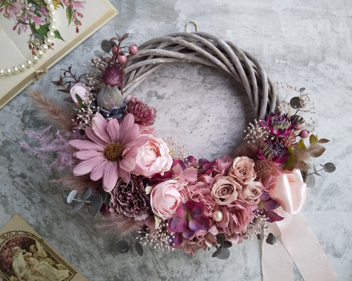 rose fumé＞＊春リース＊春色＊スプリング＊フラワーリース＊ハーフ