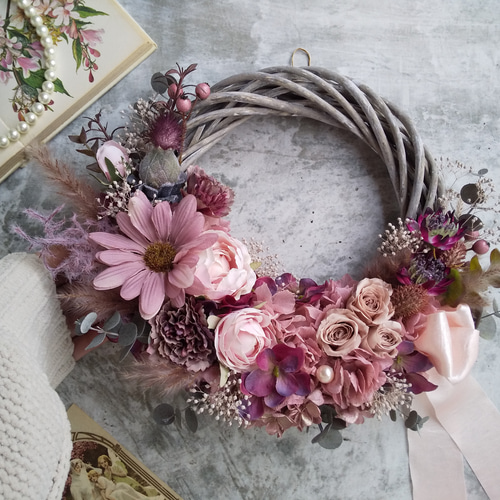 rose fumé＞＊春リース＊春色＊スプリング＊フラワーリース＊ハーフ