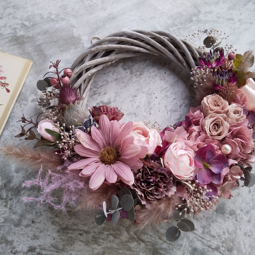 小ぶり♪春色ハーフリース⋆︎* rose fumé＞＊春リース＊春色＊スプリング＊フラワーリース＊ハーフ