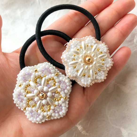 ビーズ刺繍　ヘアゴム　お花モチーフ　パール　ヘアアクセ　ヘアアレンジ　お呼ばれ　オケージョン　卒業式　ラベンダー色 7枚目の画像