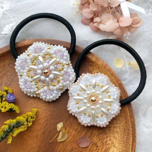 ビーズ刺繍 ヘアゴム お花モチーフ パール ヘアアクセ ヘアアレンジ