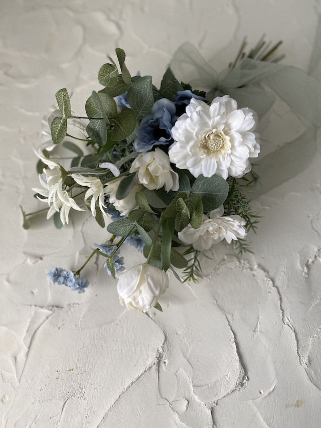 ブルーナチュラルブーケ　アーティフィシャルフラワー　前撮り　フォトウェディング　マタニティーフォト　フラワーギフト