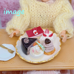 プチケーキセット　花形のプレートにのせた５種類のショートケーキ　ミニチュア 12枚目の画像