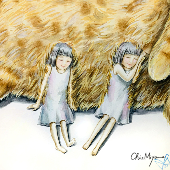 原画 【BIG CAT】 少女 猫 cat  もふもふ girl 双子 水彩画 額縁付き 1枚目の画像