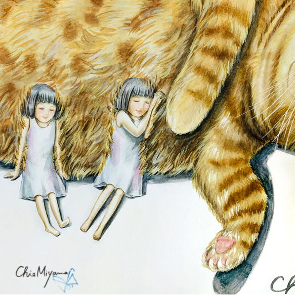 原画 【BIG CAT】 少女 猫 cat  もふもふ girl 双子 水彩画 額縁付き 4枚目の画像