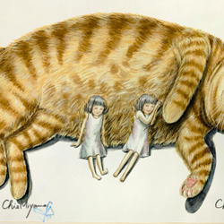 原画 【BIG CAT】 少女 猫 cat  もふもふ girl 双子 水彩画 額縁付き 8枚目の画像