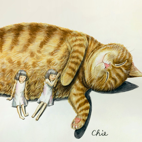 原画 【BIG CAT】 少女 猫 cat  もふもふ girl 双子 水彩画 額縁付き 7枚目の画像