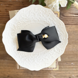 黒 ベロア×グログラン 白 カメリア リボン ヘアアクセサリー
