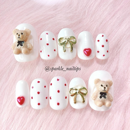 No.66 テディベアとリボン ネイルチップ 短め ドット リアル フレンチ