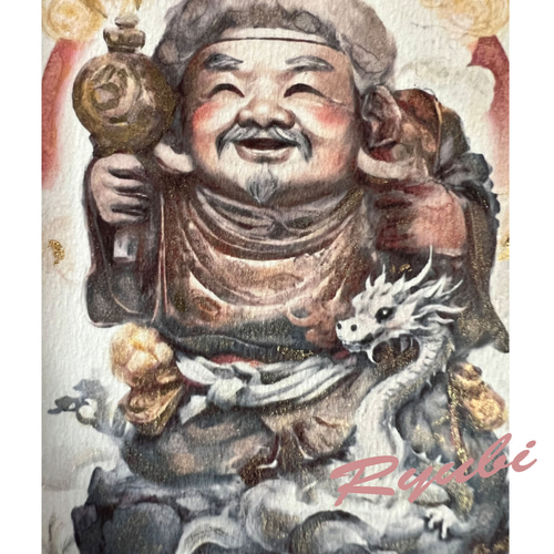 一点もの 壁掛け額）龍神が描くアート⑩「大黒天さまと白龍（青海波