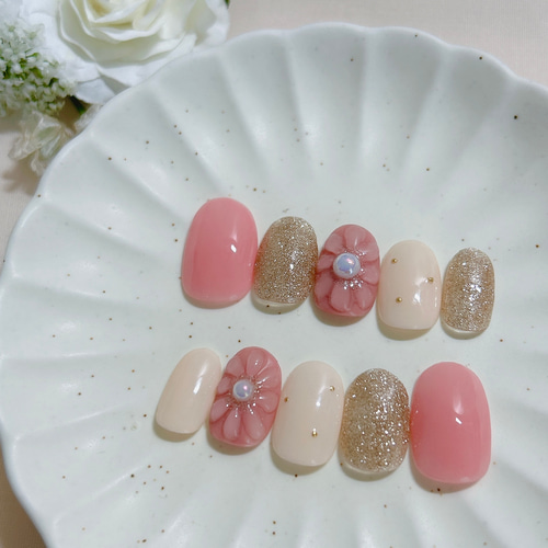 ネイルチップ サイズオーダー ピンクネイル フラワーネイル ちゅるん  