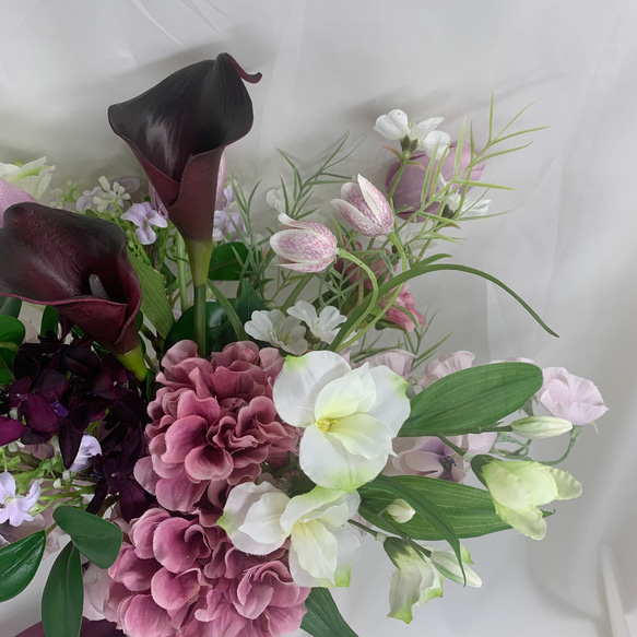 ボルドーカラー♡チューリップのウェディングブーケ＆ブートニア【アーティフィシャルフラワーブーケ/造花ブーケ】 