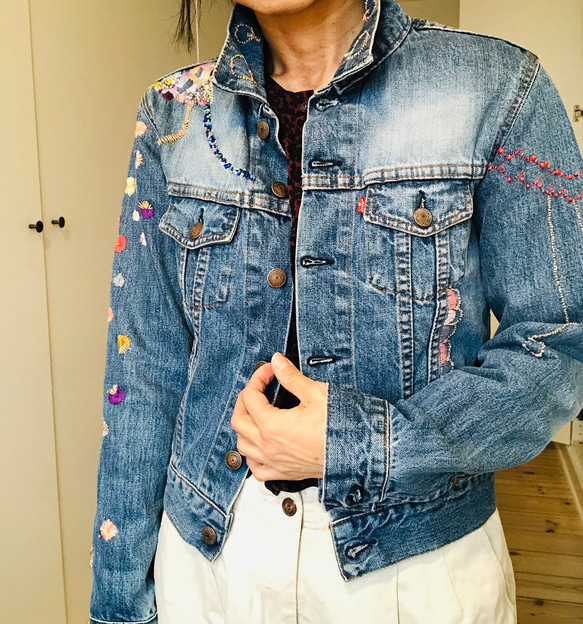 Cowboy jacket   リメイク　布製　スローファッション　刺繍　手刺繍　再生　ハンドメイド　1957 14枚目の画像