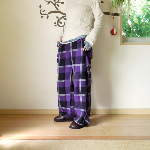 SALE】大柄チェックのリラックスバギーパンツ○パープル ロングパンツ