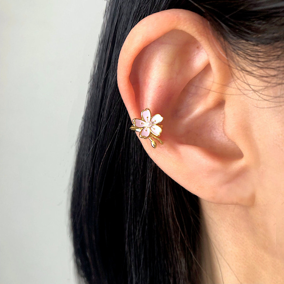 Silver925 桜の両耳用イヤーカフ ゴールド×ピンク 6枚目の画像