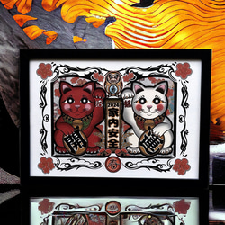 奧幸運符插畫2024龍年紅白招財貓家居安全A4尺寸附簡約邊框 第1張的照片