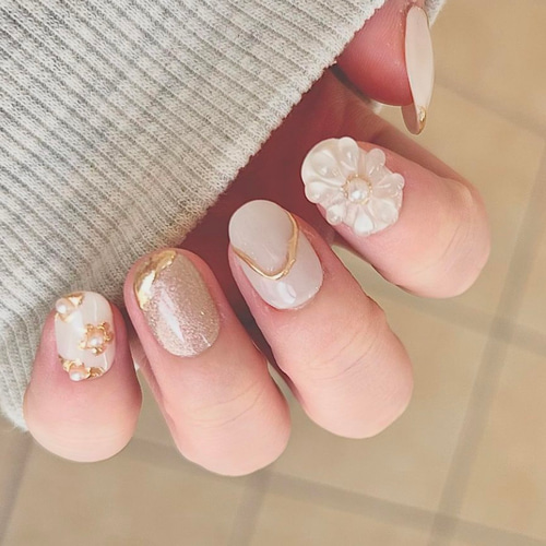 ぷっくり×ゴールドミラーフラワーネイルチップ ブライダル  