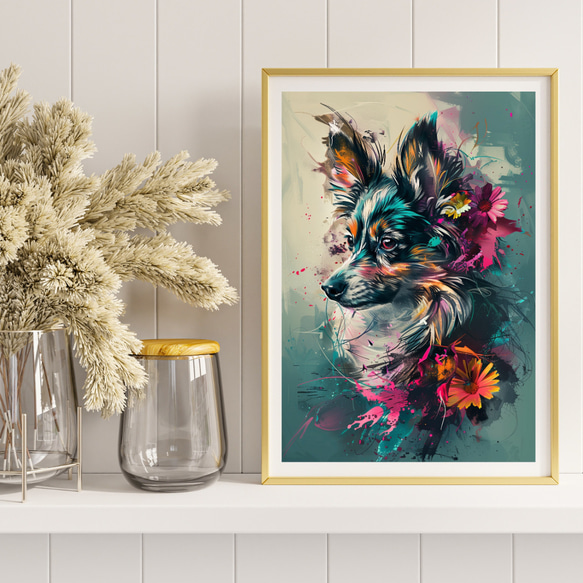 【犬花爛漫 - パピヨン犬 No.3】モダンアートポスター 犬の絵 犬の絵画 犬のイラスト 8枚目の画像