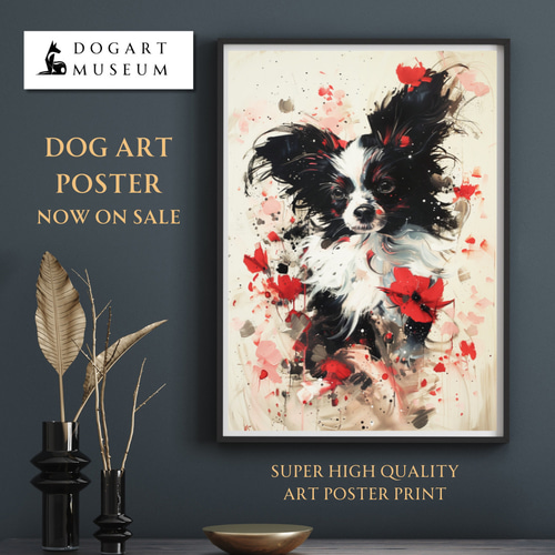 犬花爛漫 - パピヨン犬 No.4】ジークレー版画＊名入れOK！モダンアート