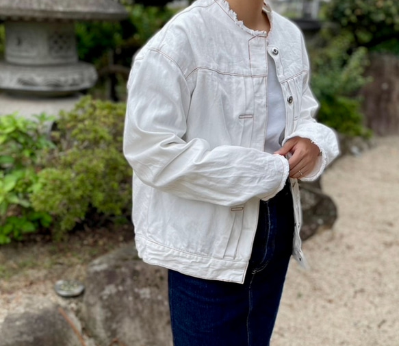 岡山デニム　セミオーダー　春　デニムジャケット　ホワイトデニム　Gジャン　ジージャン　ノーカラー 1枚目の画像