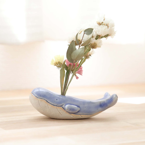 クジラの花挿しオブジェ 海のブルー ＊ ドライフラワー付き 2