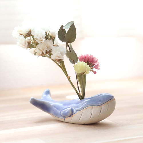 作家物 一輪挿し ドライフラワー インテリア オブジェ 花器 クジラの花挿しオブジェ 海のブルー ＊ ドライフラワー付き 2