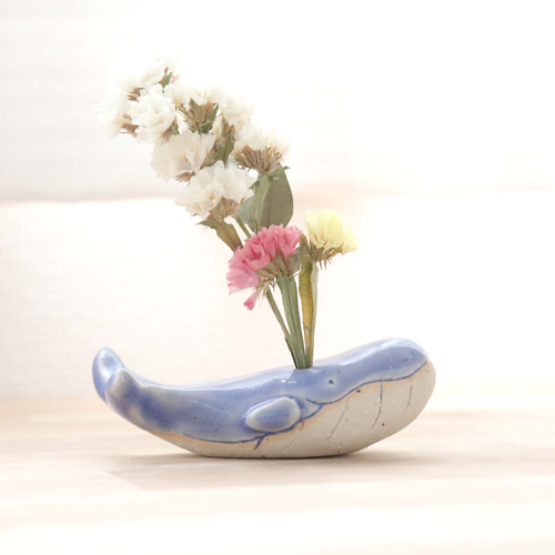 クジラの花挿しオブジェ 海のブルー ＊ ドライフラワー付き 2
