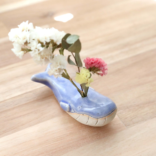 クジラの花挿しオブジェ 海のブルー ＊ ドライフラワー付き 2