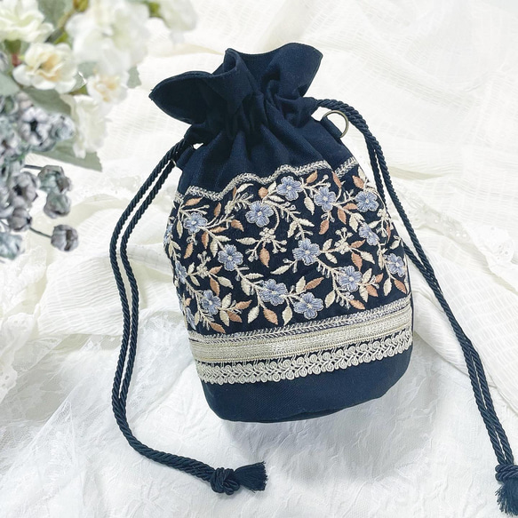 丸底巾着BAG〘インド刺繍リボン/巾着バッグ/2wayバッグ〙 巾着