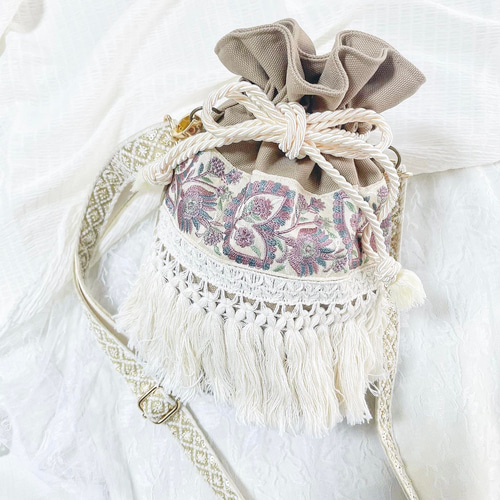 丸底巾着BAG〘インド刺繍リボン/巾着バッグ/2wayバッグ〙 巾着