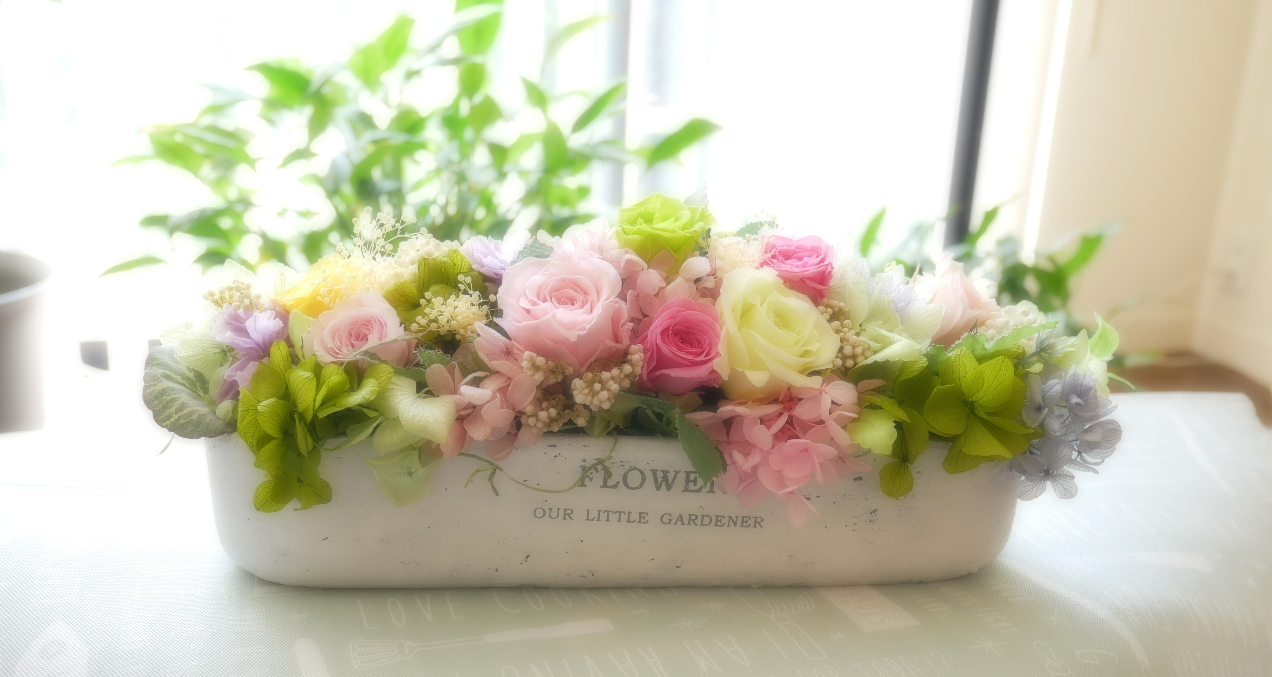 大切な人への贈り物、プリザーブドフラワー、花壇、バラ、パステルカラー、送料無料