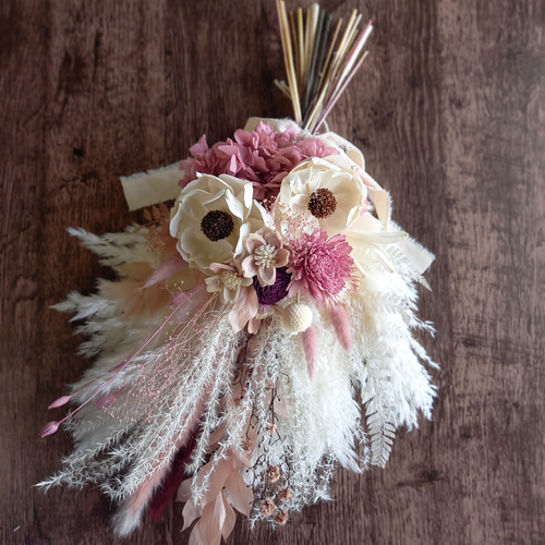 再販』アネモネとロゼピンクのスワッグ✿ブーケ ドライフラワー  