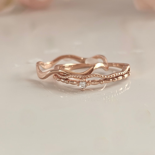 ピンクゴールド3点セット、サイズと石選べる♡SV925 重ね付けリングRS