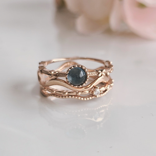 ローズゴールド 重ね付けリング ピンクゴールド3点セット、サイズと石選べる♡SV925 重ね付けリングRS