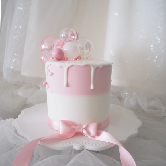 クレイケーキ ピンク【Bubble cake -Spring-】無料キャンドル付き　オプション選べるケーキトッパー 2枚目の画像