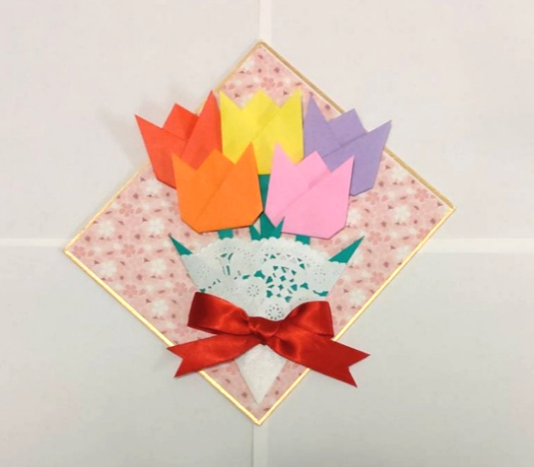 簡単•折り紙】卒業入学♡チューリップの花束の作り方 リボン