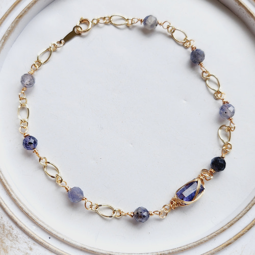 一点物】アイオライトサンストーンのワイヤーラッピングブレスレット③