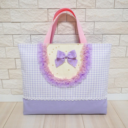 入園入学に♡リボンとフリルのレッスンバッグ（パープル）♡マチ付き