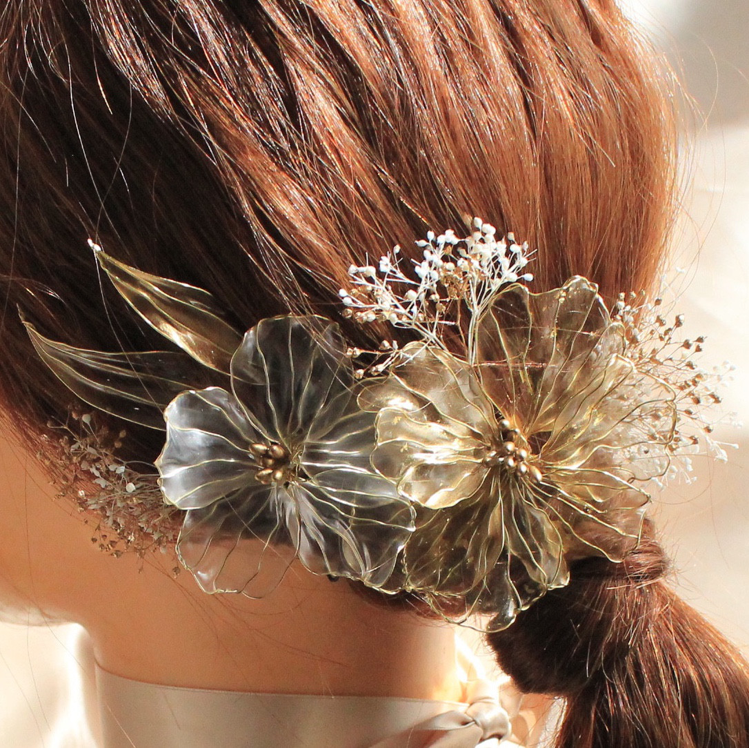ゴールド×ホワイトパール　アメリカンフラワー　結婚式髪飾り　洋装　和装　ヘッドドレス　髪飾り　成人式　卒業式　前撮り