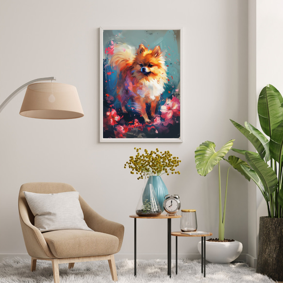 【犬花爛漫 - ポメラニアン犬 No.1】モダンアートポスター 犬の絵 犬の絵画 犬のイラスト 7枚目の画像