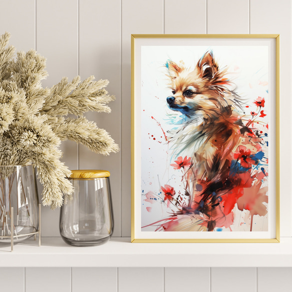 【犬花爛漫 - ポメラニアン犬 No.4】モダンアートポスター 犬の絵 犬の絵画 犬のイラスト 8枚目の画像
