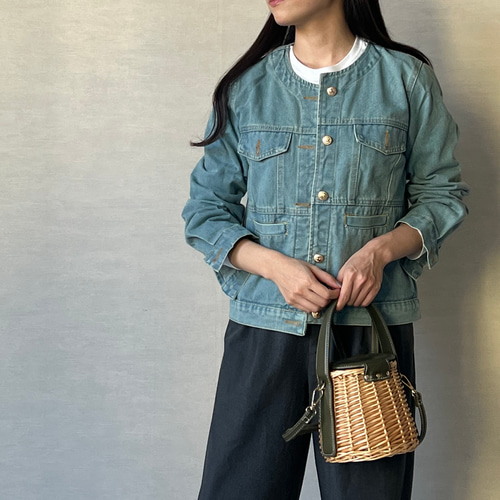 再販】 流行のノーカラージャケットをデニムでお作りしたイチオシ上着
