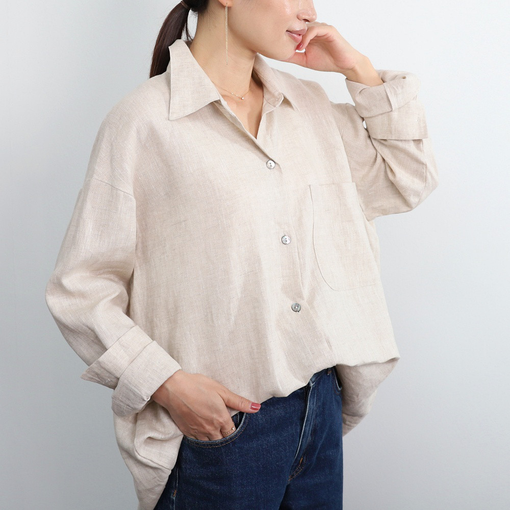ゆったり羽織れるオーバーシルエット 着回し抜群 リネン ベーシック シャツ　ナチュラル　0588Nat
