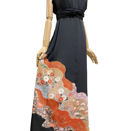 送料無料 着物 リメイク 留袖 牡丹 菖蒲 金彩 正絹 ロングドレス M〜L