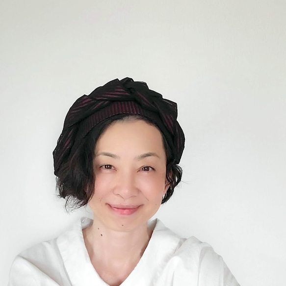 【受注制作】三つ編み ヘアボンネ ヘアバンド ブラック エンジ シースルー ストライプ ヘアアクセサリー ポリエステル 7枚目の画像