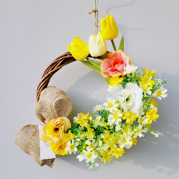 2024年春チューリップとマーガレットFLOWERリース イエローオレンジ  