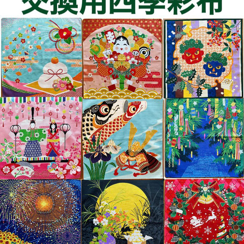 夏飾り【花火とひまわり】軸付きタペストリー 8月ウォールデコ