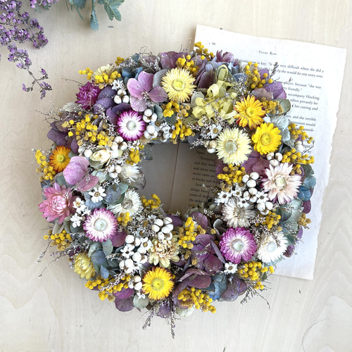 ミモザと紫陽花のリース