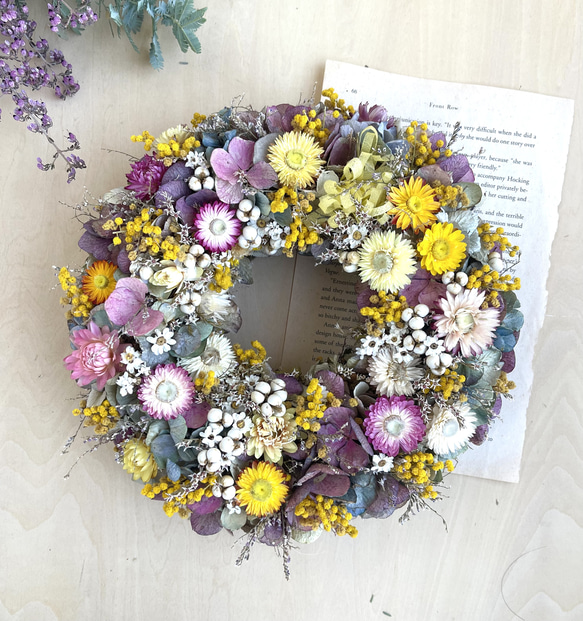 ミモザと紫陽花&ヘリクリサムのリース ドライフラワー SOPO-Kukka 通販  