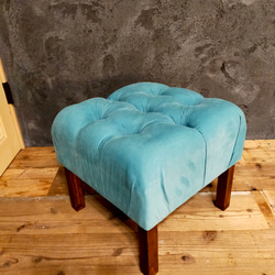 座り心地が良い柔らかクッションのオットマンスツールhandmadeブルーグリーン 9枚目の画像